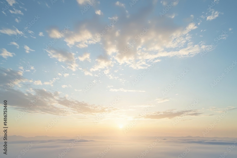 Fototapeta premium Skyward view of fluffy clouds, blue sky, and horizon during sunrise