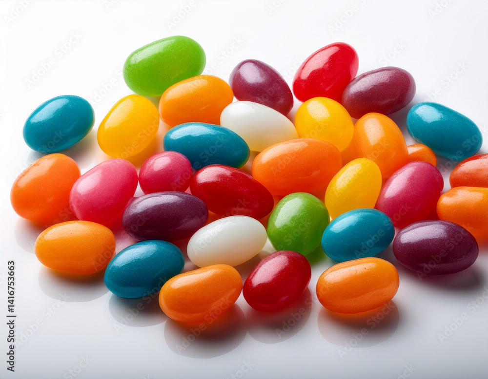 A collection of colorful jelly beans scattered on a white surface, representing a popular and sweet Easter candy. A collection of colorful jelly beans scattered on a white surface, representing a popular and sweet Easter candy.