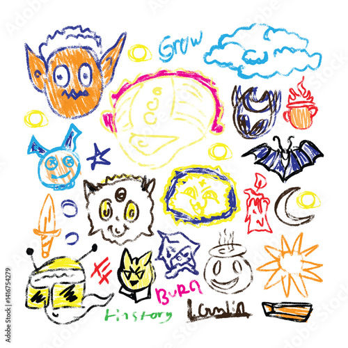 Childhood dreams and fantasies. Kids imagination Magic. Fairy tales for children. Fantasy children's hand drawings on the wall with colored crayons. Scribble in the background. Funny cartoon character