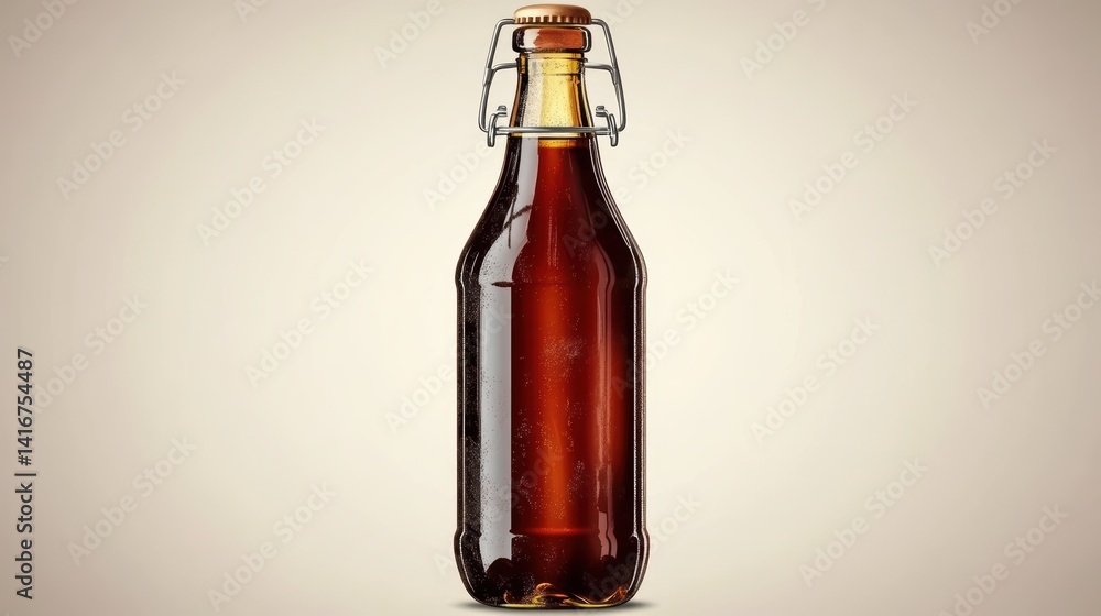Amber liquid bottled beverage with a metal closure. Amber liquid bottled beverage with a metal closure.