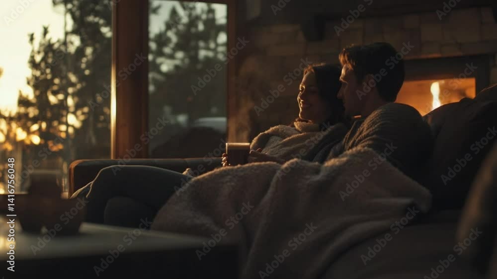 A cozy couple enjoying a serene evening by the fireplace. A cozy couple enjoying a serene evening by the fireplace.