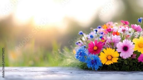 Vibrant flower bouquet on rustic wooden surface