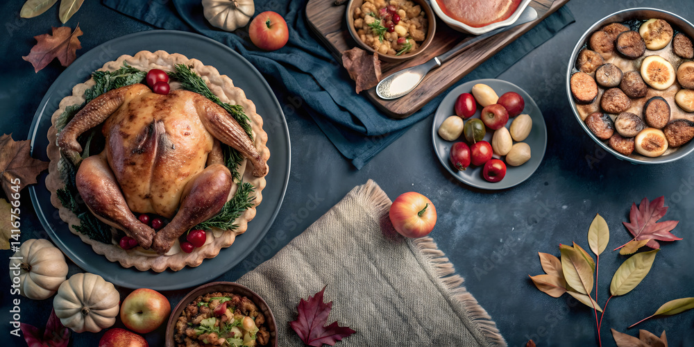 Fototapeta premium Rustic Thanksgiving Dinner Table with Roast Turkey, Pumpkin Pie, and Autumn Harvest Decor