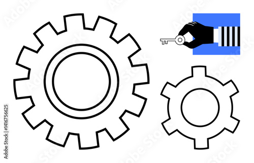Gears highlighting teamwork, collaboration, and mechanics with a hand holding a key depicting security, innovation, and strategy. Ideal for technology, engineering, problem solving, business