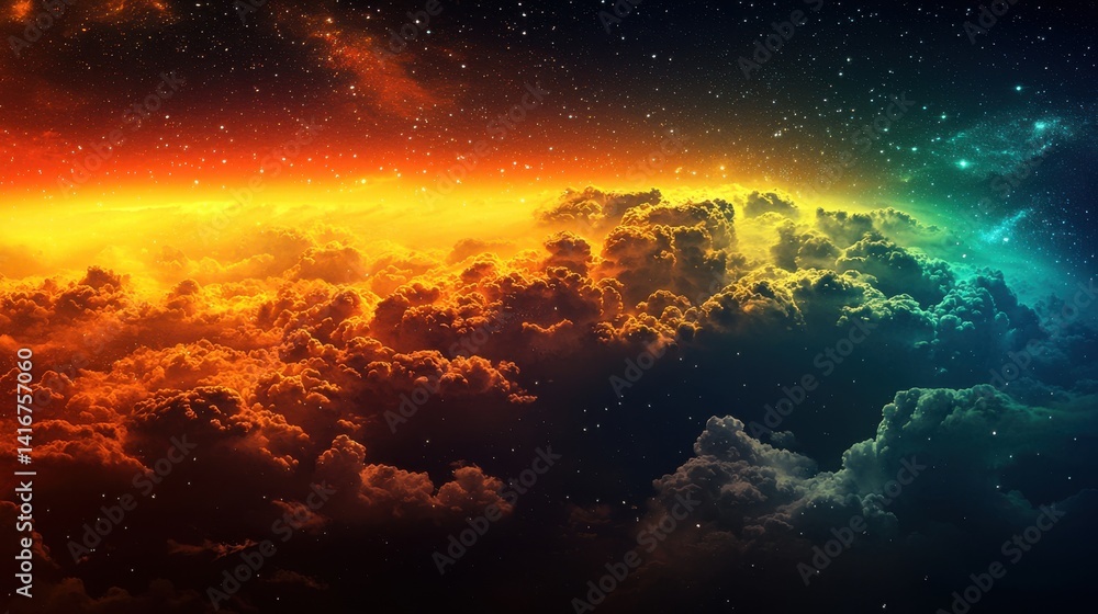 Obraz premium A sky with fiery orange and cooler blue hues, filled with clouds, against a starry expanse