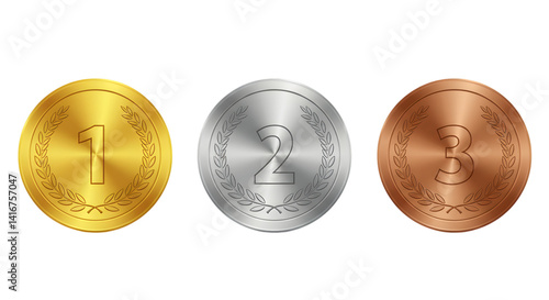 Three metallic coins in gold, silver and bronze placed in a row on white background showing first, second and third positions in games or competitions