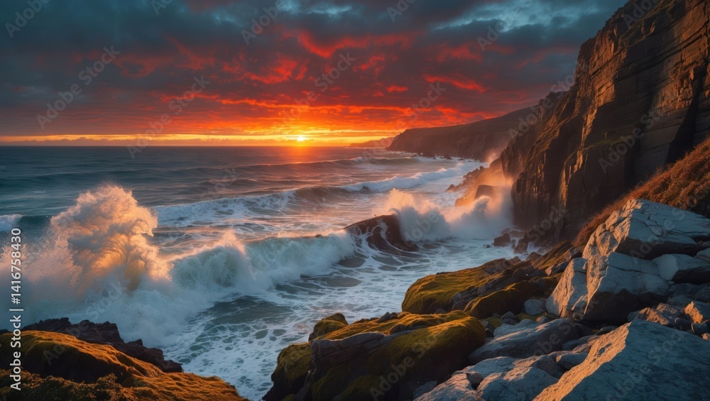 Fototapeta premium Ocean wave crashing on rocky coast at sunset