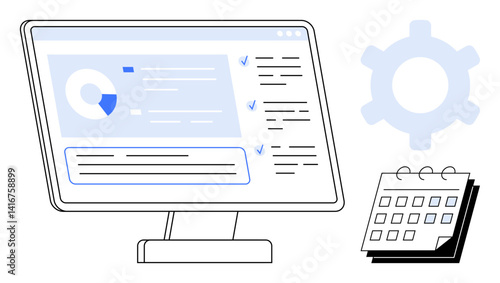 Computer screen displaying analytics dashboard with charts, tasks, and calendar. Gear represents settings or tools. Ideal for productivity, planning, organization, teamwork, work process strategies
