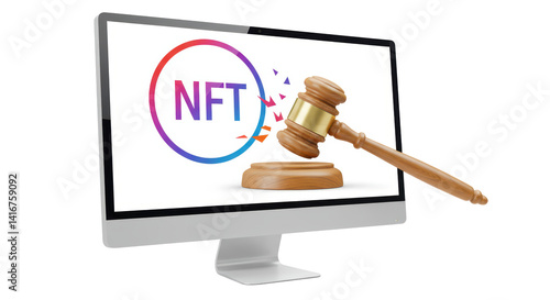 Isolated Monitor Displaying NFT and Gavel Symbolizing Digital Auction