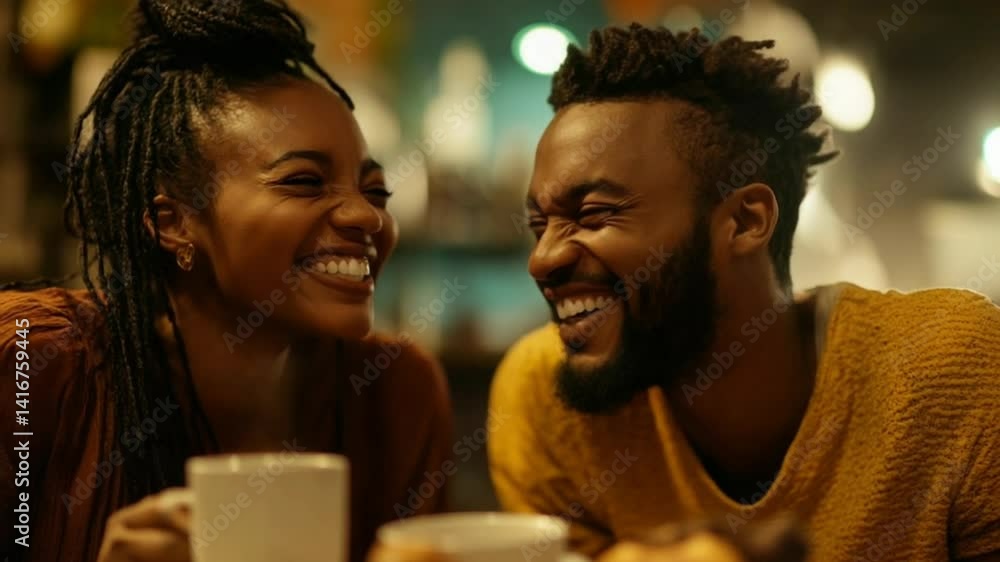 A joyful couple laughing together in a cozy cafe setting. A joyful couple laughing together in a cozy cafe setting.