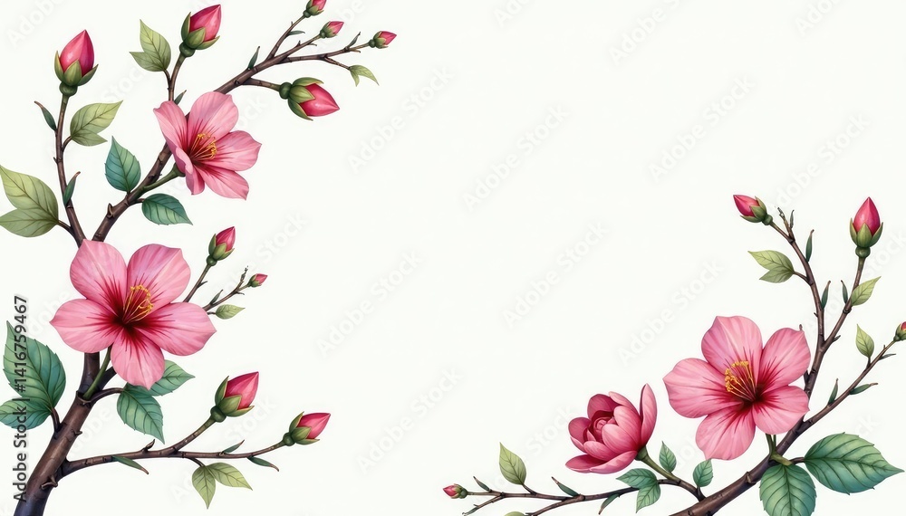 Naklejka premium Watercolor floral repeat, blooming buds on vine, blue, design, delicate