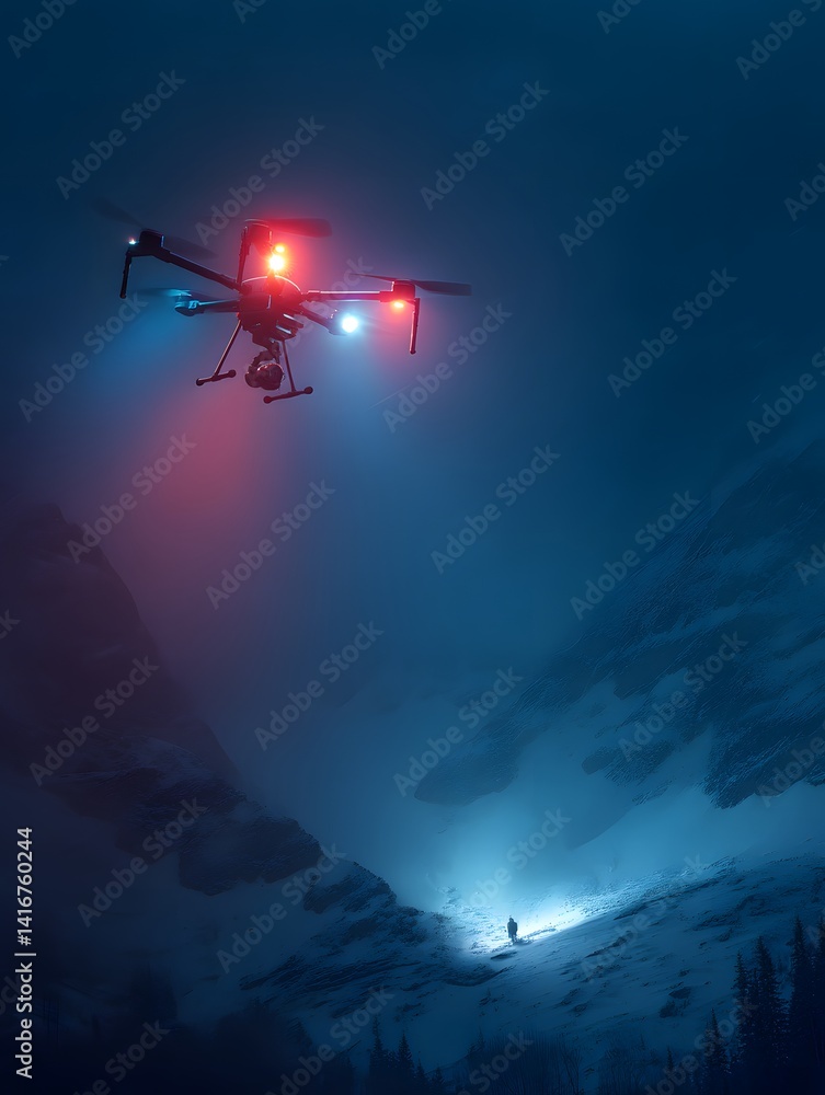 Naklejka premium Search and Rescue Drone Operating in Snowstorm at Night Over Mountain Valley – Emergency Technology