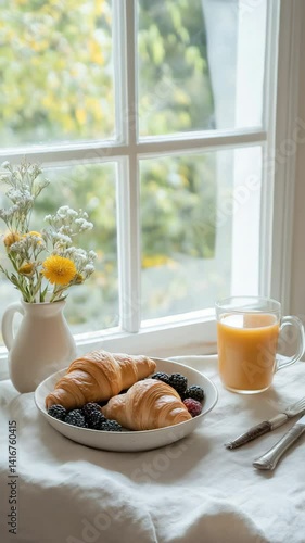 Wallpaper Mural A plate of croissants and berries sits on a table next to a glass of orange juice and a knife and fork. The scene is simple and inviting, with the bright colors of the fruit Torontodigital.ca