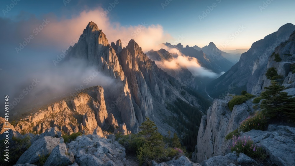 Obraz premium Mountain Peaks at Sunrise with Fog Panorama
