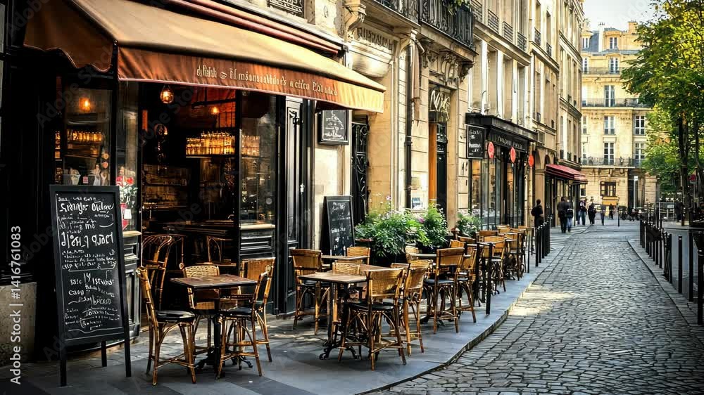Parisian street cafe scene with outdoor seating.