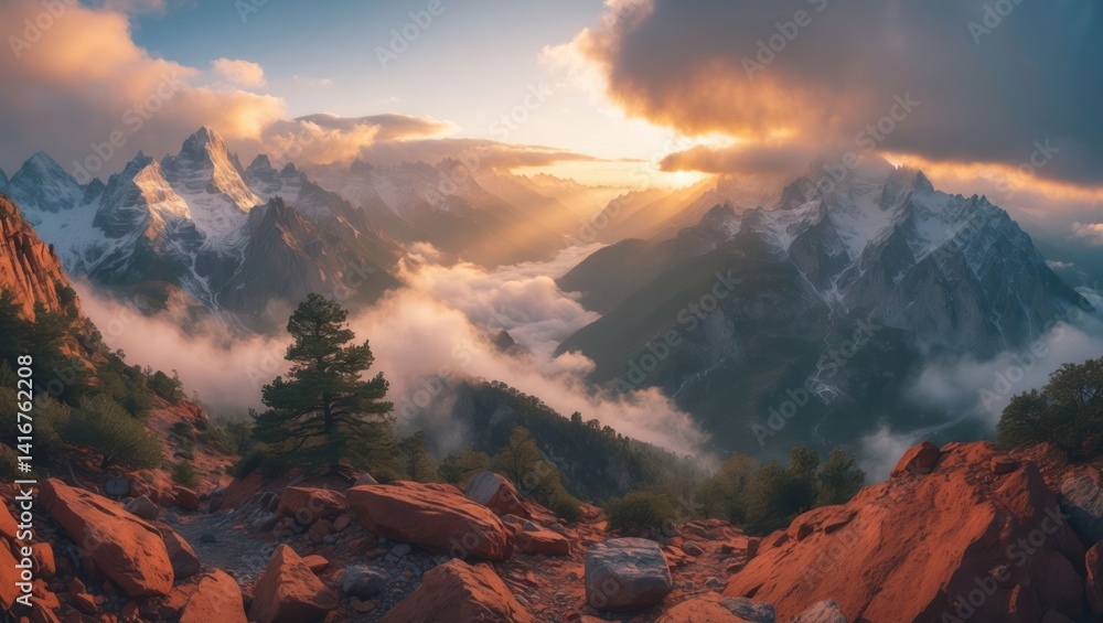 Obraz premium Mountain view at sunrise with fog