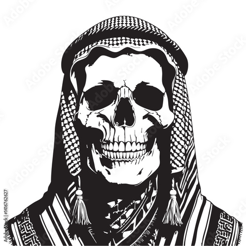 Illustration of a black skull wearing a traditional Arabian keffiyeh. various clean black and white patterns generate ai.