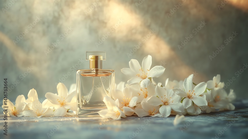Obraz premium Elegant Perfume Bottle with White Flowers for a Luxurious Scent Concept