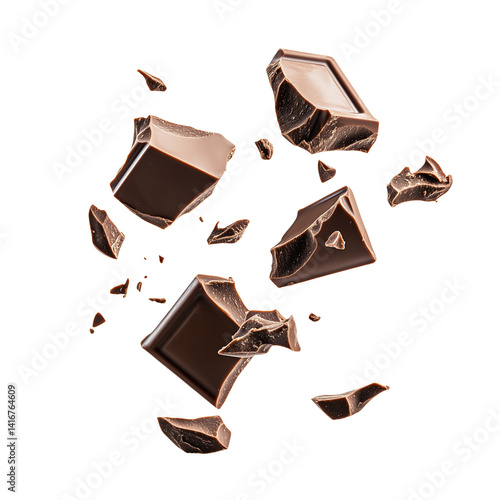 Broken dark chocolate chunks on transparent background