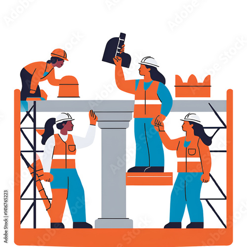Vector Illustration of Female Construction Workers on Scaffolding