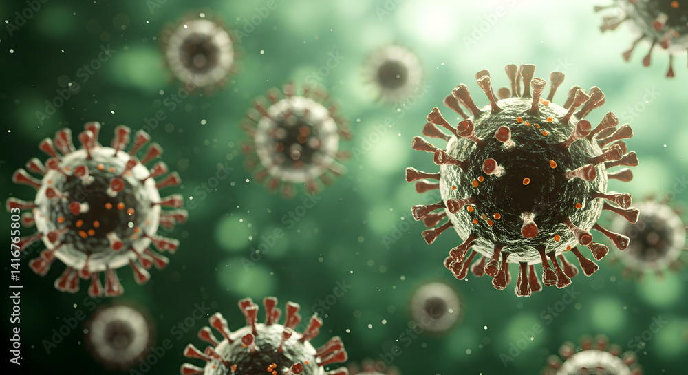 Detailed Microscopic Rendering of Coronavirus Particles with Green Hues and Focus on Viral Structure Detailed Microscopic Rendering of Coronavirus Particles with Green Hues and Focus on Viral Structure