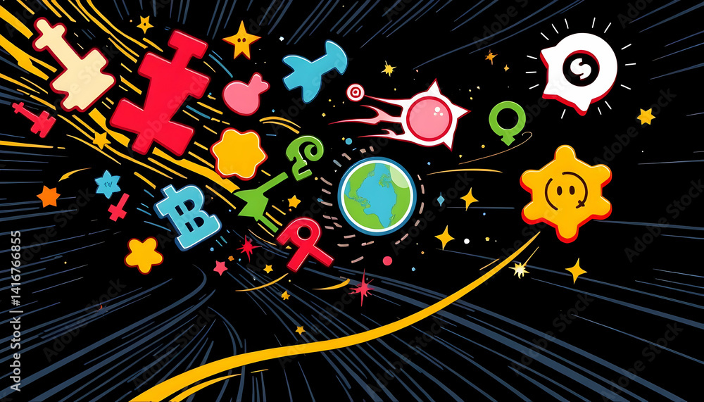 Obraz premium Colorful Abstract Cosmic Design with Various Symbols and Icons