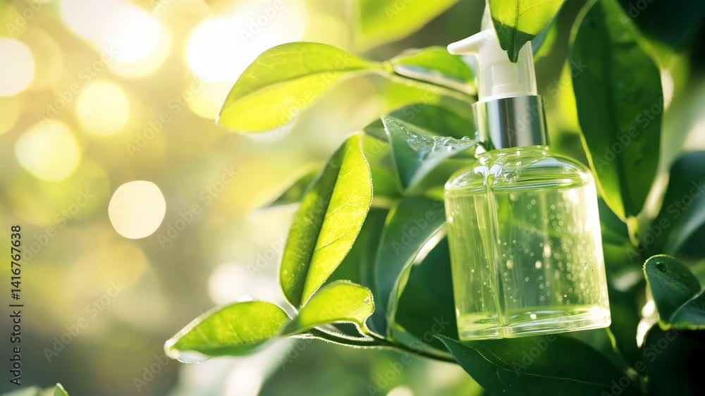 A bottle of perfume is sitting on a leaf. The bottle is clear and the perfume is green A bottle of perfume is sitting on a leaf. The bottle is clear and the perfume is green