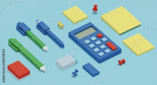 Playful Office Supplies Flat Lay  in Retro 8 Bit Style Illustration
