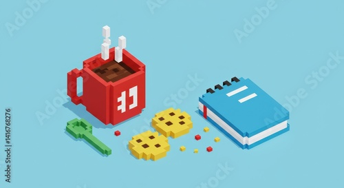 Playful Office Coffee Break Flat Lay in Retro 8 Bit Style Illustration