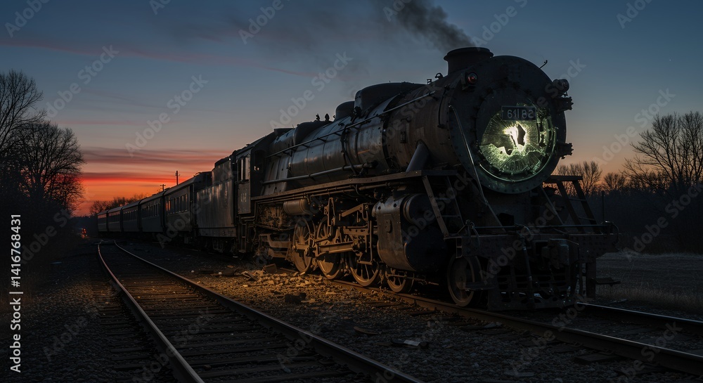 Obraz premium Steam Train on Railroad Tracks at Dusk