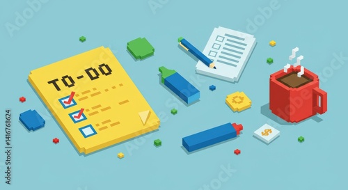 Office To-Do List Flat Lay in Retro 8 Bit Style Illustration