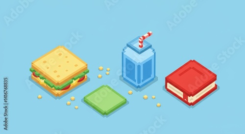 Office Lunch Break Flat Lay in Retro 8Bit Style Illustration