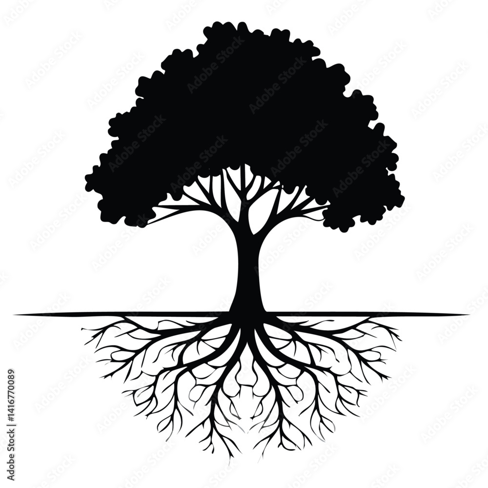 tree with roots silhouette vector graphic design
