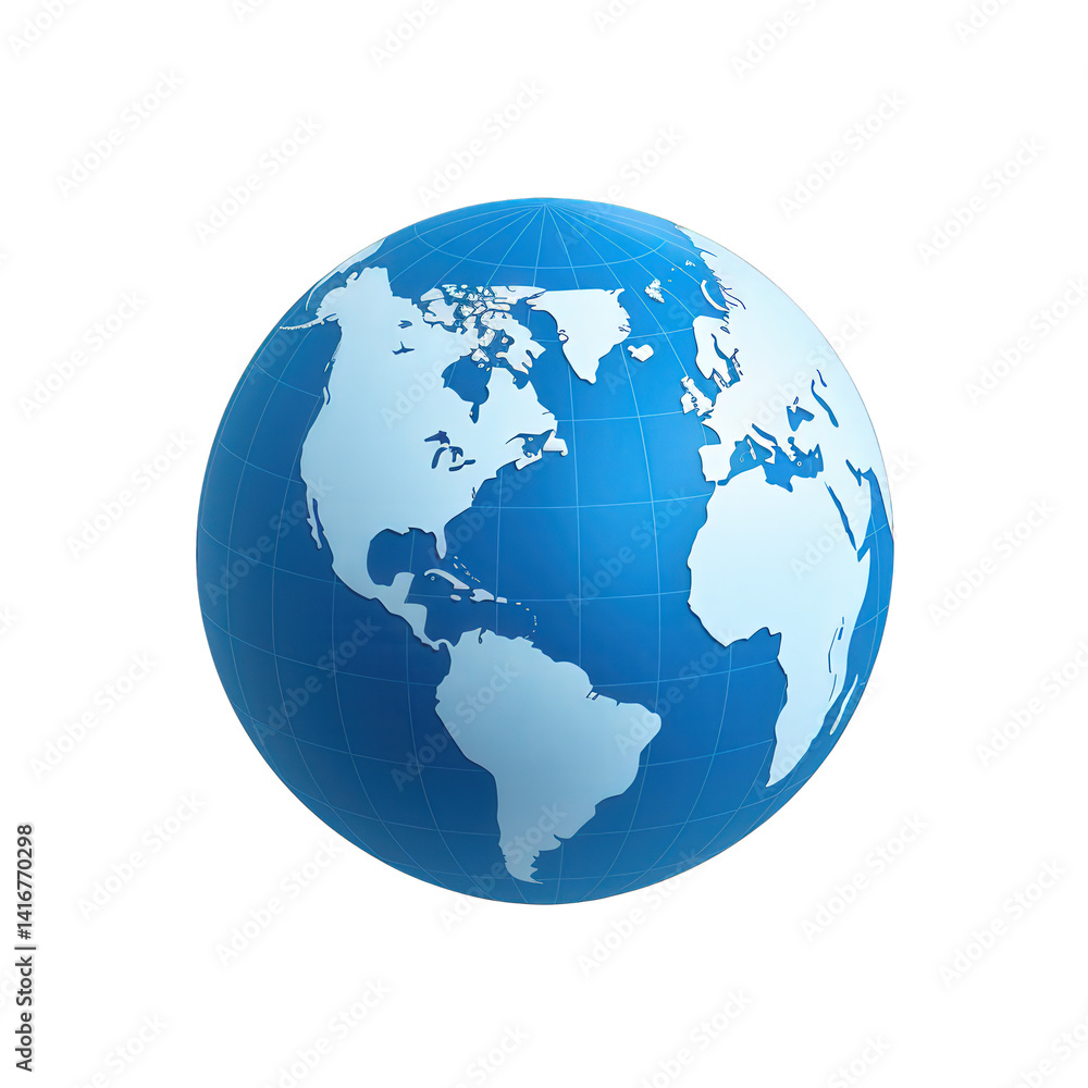 Fototapeta premium A detailed illustration of a blue globe showcasing the continents, set against a plain background, ideal for educational or geographical purposes , isolated on white or transparent png