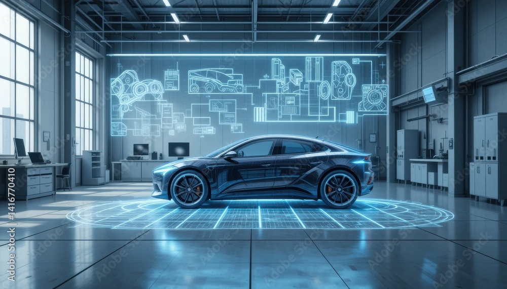 Fototapeta premium Innovative electric vehicle design automotive workshop digital visualization modern industry side view futuristic concept