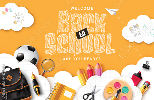Welcome back to school greeting clipart background design. School greeting text in yellow background clip art with clouds paper cut style and educational elements banner template vector illustration.
