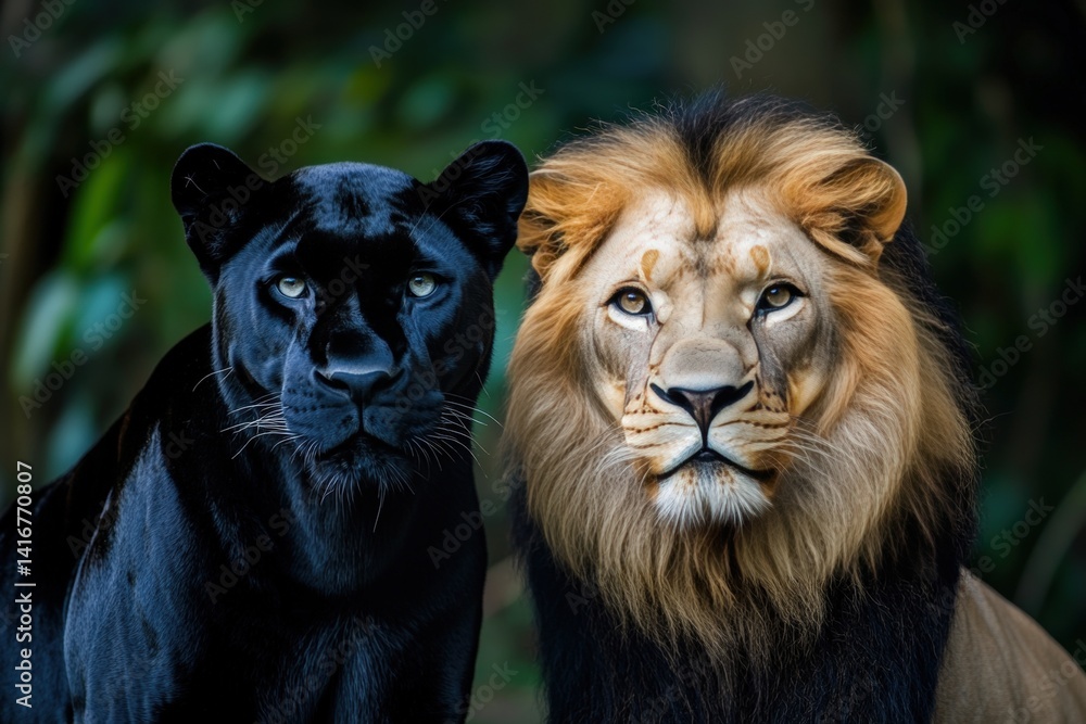 Fototapeta premium Majestic Panther and Lion Posing Together in Nature's Splendor