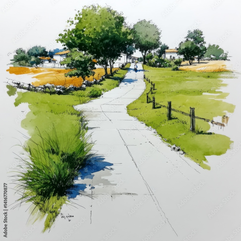 Rural Countryside Path Illustration: A Tranquil Scene of Green Pastures and Quaint Farmhouses