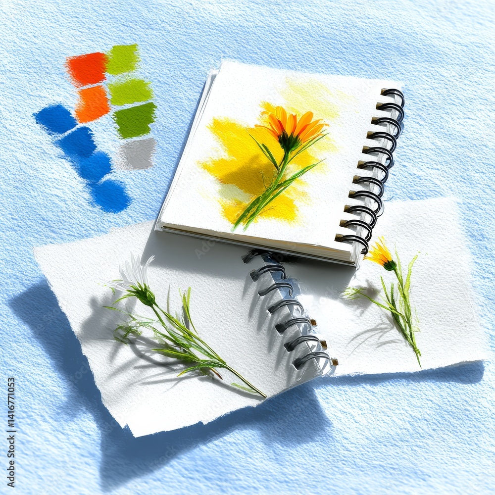 Sketchbook Studies: Exploring Floral Art with Color Palettes and Botanical Sketches on Textured Background