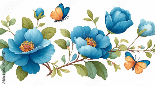 Realistic Floral Pattern with Blue Flowers and Butterflies Design