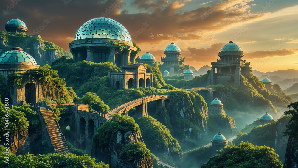 Obraz premium Futuristic green city built on mountain peaks at sunset