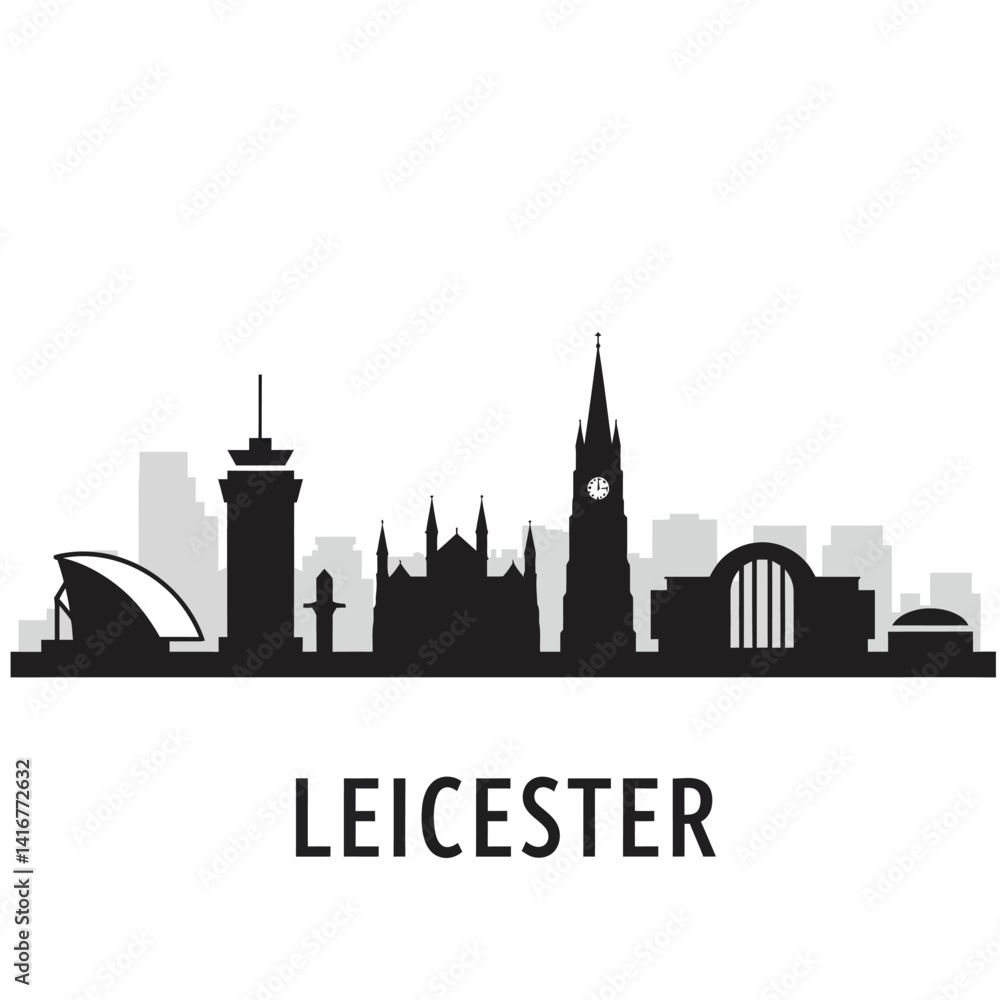 Obraz premium Leicester skyline with UK Black silhouette.