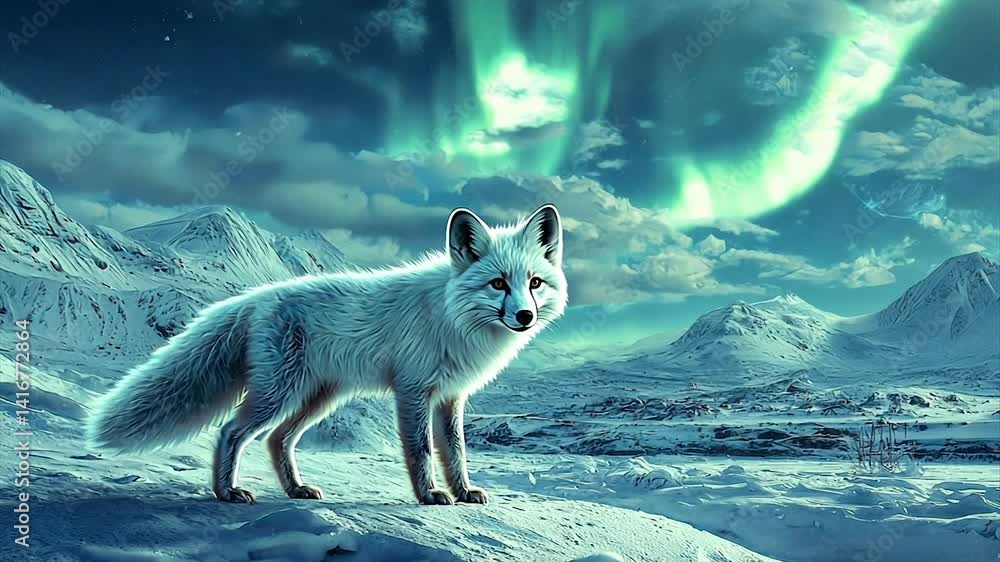 Arctic fox under vibrant aurora borealis Arctic fox under vibrant aurora borealis