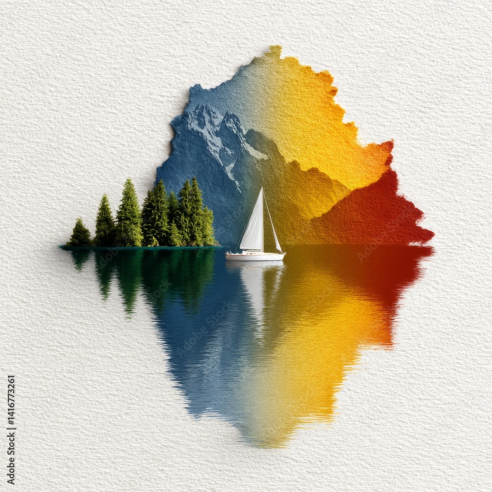 Tranquil Sailboat on Calm Lake with Mountain and Forest Reflections, Artistic Painting on Textured Paper