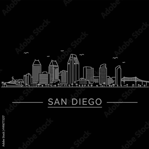 San Diego Skyline Outline with Cityscape Vector.