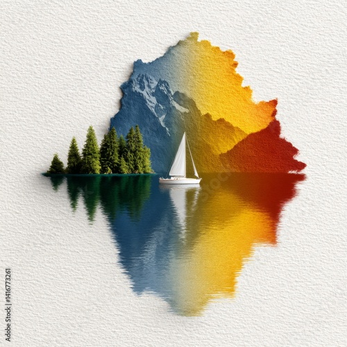 Obraz na płótnie Tranquil Sailboat on Calm Lake with Mountain and Forest Reflections, Artistic Painting on Textured Paper w salonie