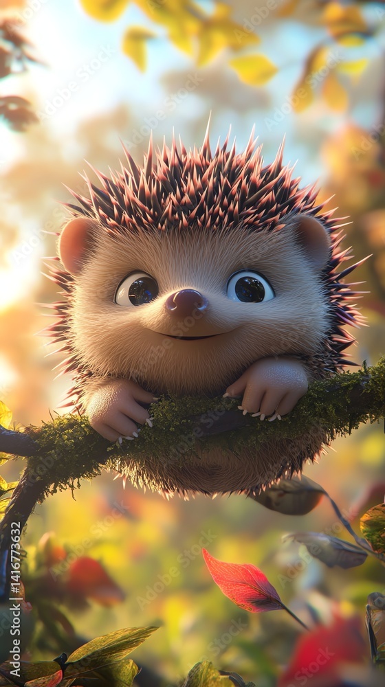 Cute Hedgehog Smiling on Branch in Autumn Leaves Scenery Cute Hedgehog Smiling on Branch in Autumn Leaves Scenery