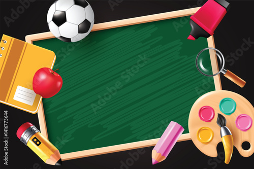 School educational chalkboard clipart template. Wooden green board clip art with classroom elements for teaching and learning blank frame design black background vector illustration.
