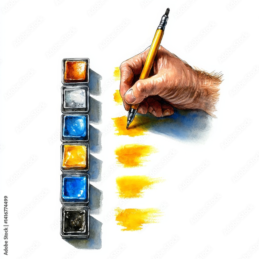Watercolor Palette and Testing Colors: A Hand at Work, Artistic Expression in Process