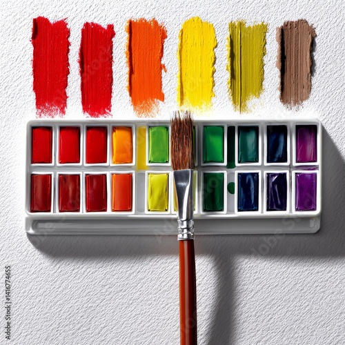 Obraz na płótnie Watercolor Palette with Brush and Color Swatches Displaying Artistic Creativity and Inspiration w salonie